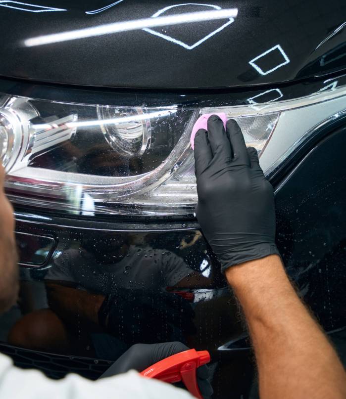 Male is working in a car workshop detailing black car Male is working in a car workshop detailing a black car, he is using protective gloves